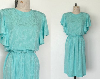 80's/90’s Turquoise Dress Vintage Silky Pastel Short Flutter Sleeved Belted Midi Dress - L