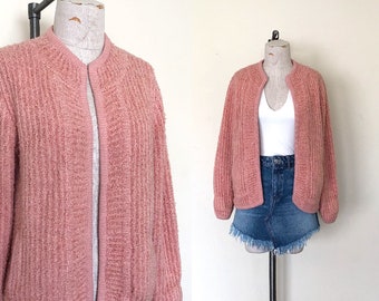 90’s Pink Cardigan Vintage Boucle Knit Open Front  Acrylic Sweater - M