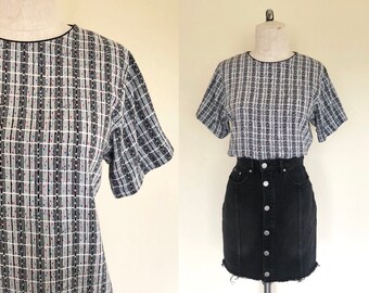 Vintage 1980er Bluse DOTTED GRID schwarz weiß Print kurzarm - S/M
