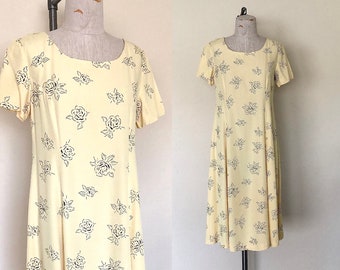 80’s Yellow Floral Dress Vintage Casual Rose Print Short Sleeved Tea Length Midi - M/L