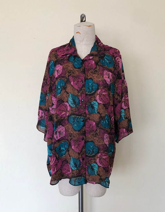 Vintage 1980's blouse BRONZE LEAVES semi-sheer bu… - image 5