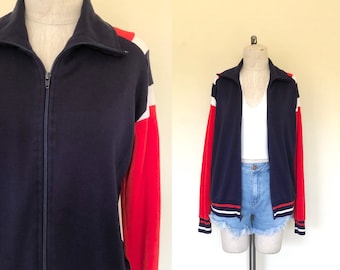 Vintage 1980's TRACK JACKET navy, red, & white color blocked full zip-up sweatshirt - M/L