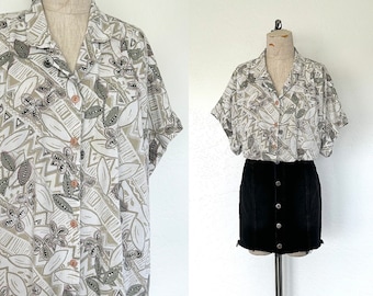 80’s Floral Print Shirt White & Khaki Oversized Short Sleeved Button Up Blouse - 3XL