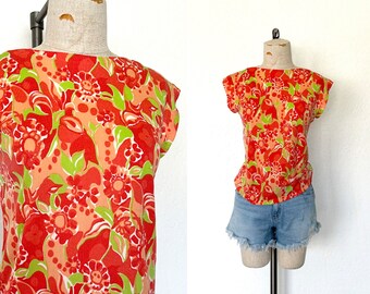 Vintage 60s blouse BRIGHT ORANGE floral hippie sleeveless top - S