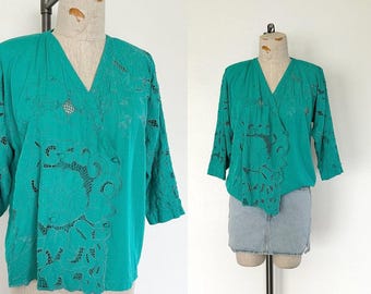 90s Vintage Teal Eyelet Blouse – Embroidered Rayon Bohemian Top, M/L