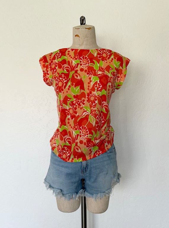 Vintage 60s blouse BRIGHT ORANGE floral hippie sl… - image 2