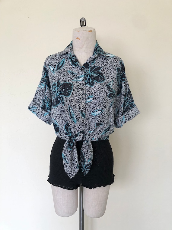 80’s Hawaiian Shirt Vintage Hibiscus Print Short … - image 2