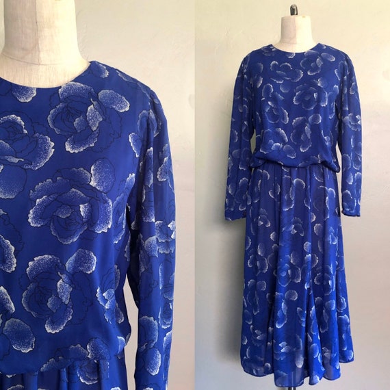 Vintage 1980s Secretary Dress BLUE FLORAL Semi-sheer Long | Etsy