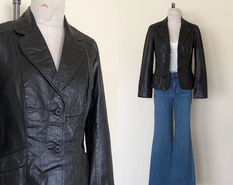 70's Black Leather Jacket Vintage 1970's Collared Blazer Style Coat - M/L