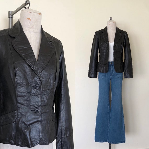 70's Black Leather Jacket Vintage 1970's Collared… - image 1