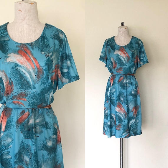 Vintage 1970's dress turquoise BRUSH STROKES abst… - image 1