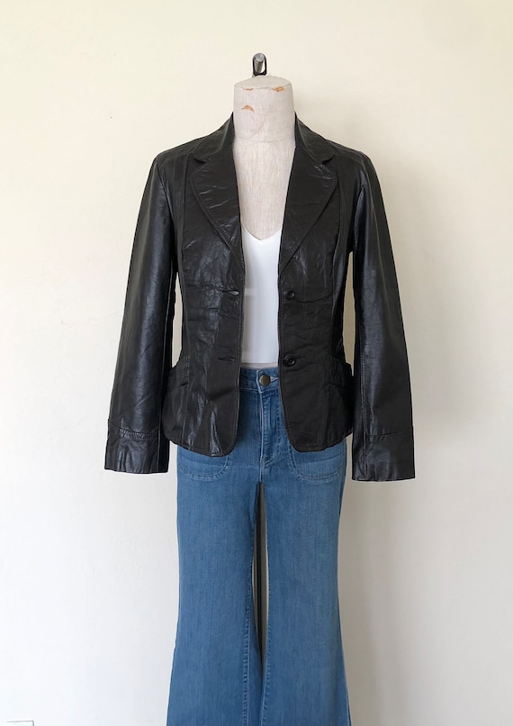 70's Black Leather Jacket Vintage 1970's Collared… - image 2