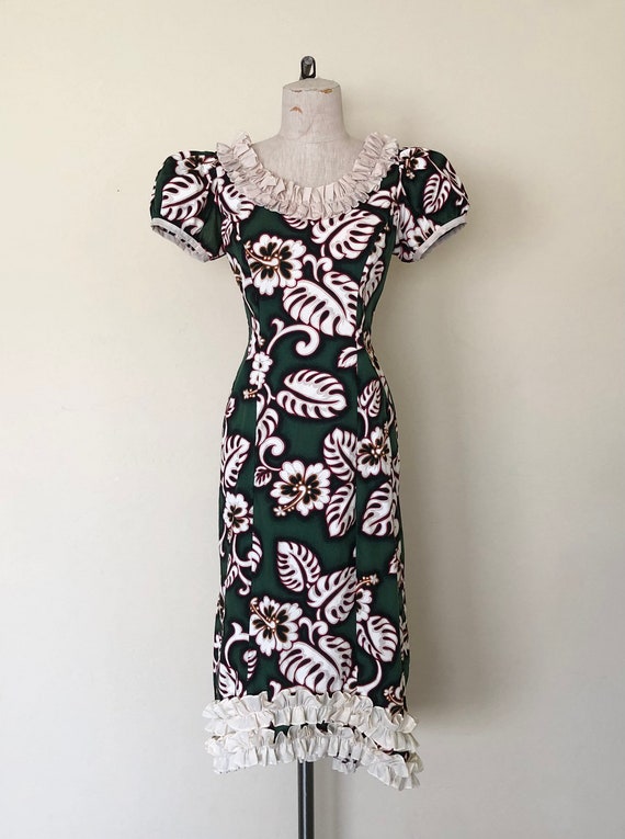 Vintage Hawaiian Dress 80's Dark Green Hibiscus P… - image 2