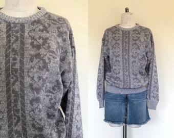 Vintage 1990's sweater GREY ITALIAN patterned pullover slouchy wool blend knit - M