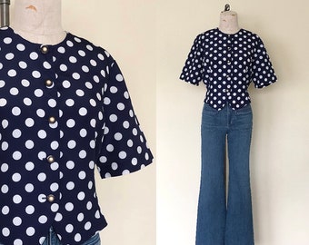 Chemisier à pois des années 90, chemise courte à manches courtes bleu marine et blanc vintage -