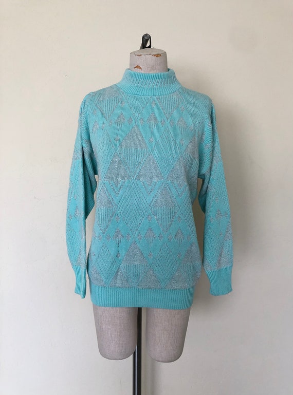 80's Geometric Sweater Vintage Turquoise & Metall… - image 5