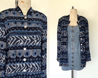 90’s Geometric Print Shacket Vintage 1990’s Navy Blue Button Front Shirt Blazer - S/M