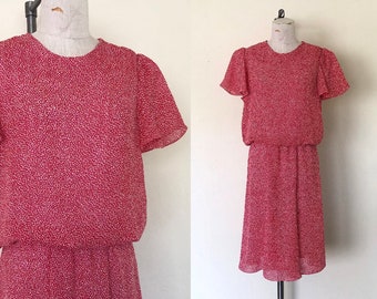 80's Secretary Dress Vintage Red & White Short Sleeved Day Dress - M/L