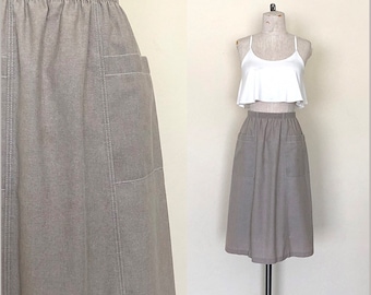 Khaki Skirt Vintage 80's A-Line Knee Length High Waisted Casual Skirt With Pockets - S/M