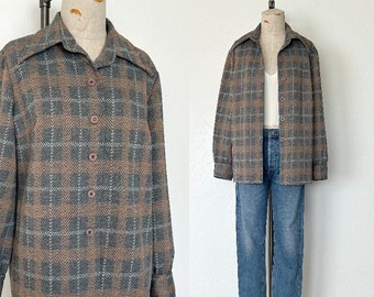 Vintage Shacket 70's/80's Gray & Light Brown Plaid Herringbone Button Up Shirt Jacket - M/L