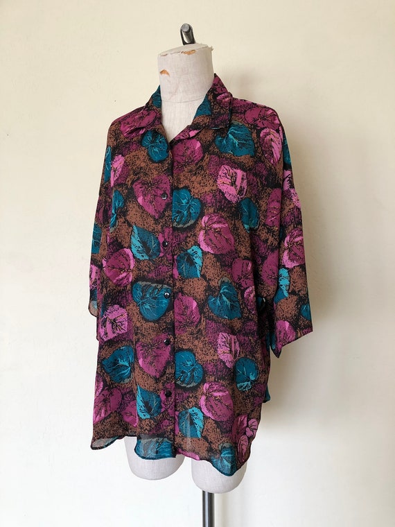 Vintage 1980's blouse BRONZE LEAVES semi-sheer bu… - image 6