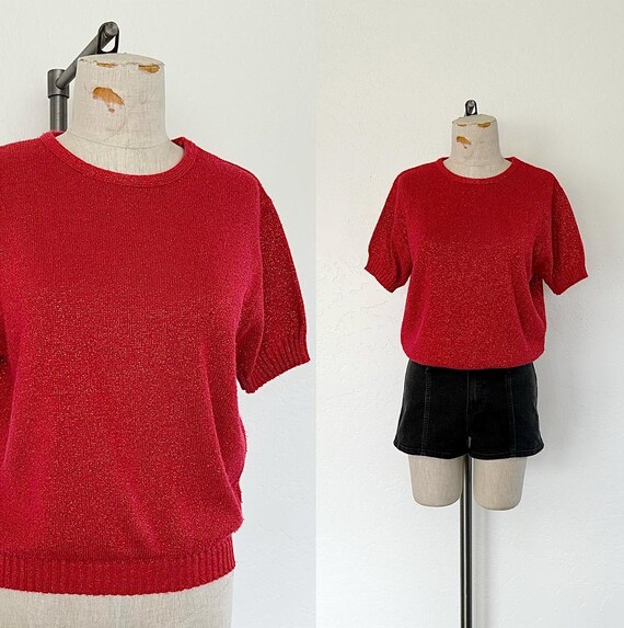 80er 90er Red Metallic Sparkle Pullover Vintage Kurzarm Strick Top