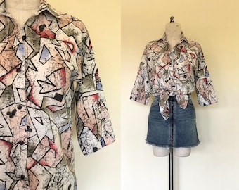 Camisa vintage de los años 80, de algodón, con estampado abstracto colorido, de media manga y botones - S