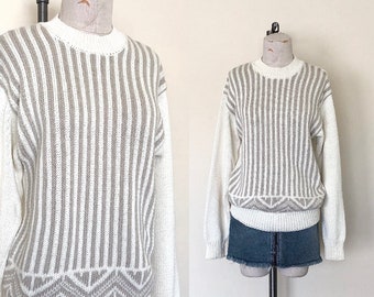 80’s Striped Sweater Vintage Cream Geometric Mock Neck Knit Pullover - M