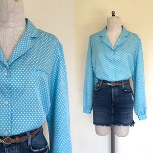 Vintage 1980's blouse TURQUOISE POLKADOT knoop voorkant shirt met lange mouwen - L