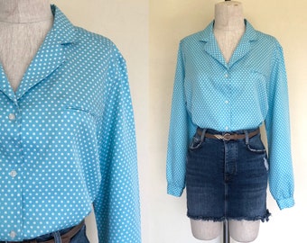Vintage 1980&#39;s blouse TURQUOISE POLKADOT button front long sleeved shirt - L