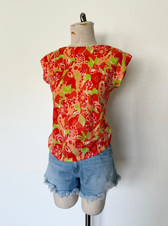 Vintage 60s blouse BRIGHT ORANGE floral hippie sl… - image 3