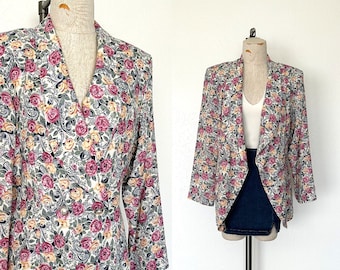90er Jahre Floral Blazer Vintage Preppy Boho Leichter Rayon Pastell Frühling Mantel - L
