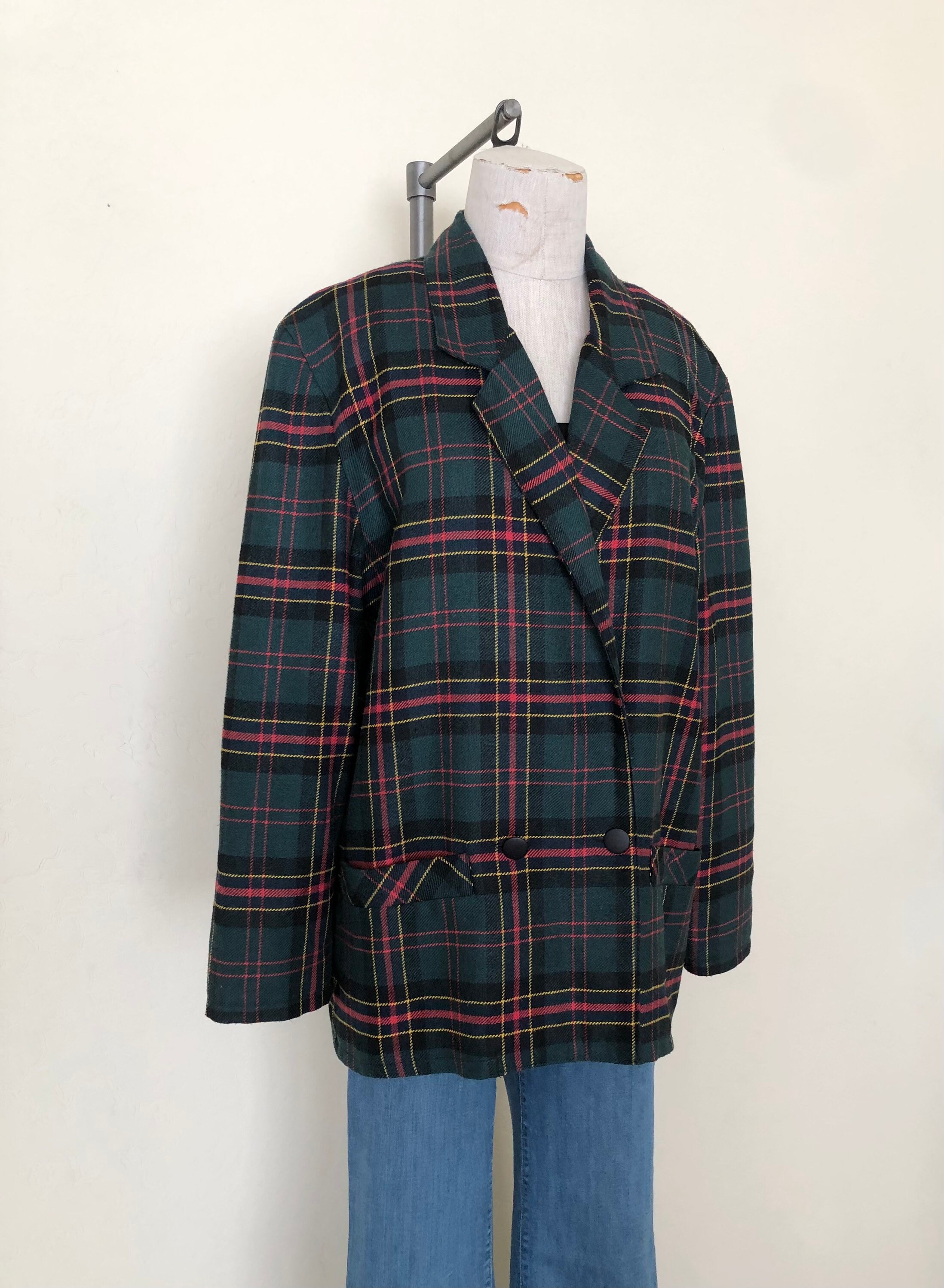 80s Deadstock Green And Black Plaid Cropped Blazer By Leslie Lucks main image 0