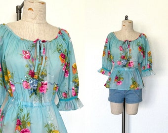 Vintage 1980's boho blouse TURQUOISE PEPLUM floral keyhole top - S/M