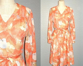 Sukienka vintage z lat 70. ORANGE SHERBET z nadrukiem kwiatowym, długi rękaw - S/M