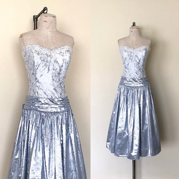 80’s Silver Party Dress Vintage Metallic & Lace Strapless Bow Back Midi - L/XL