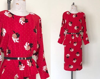 Vintage 1980's secretary dress RED FLORAL DOTTED peplum front long sleeve - M