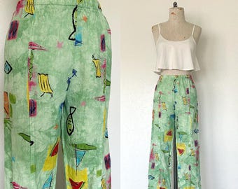 90’s Funky Print Pants Vintage Green Linen Summer Themed Colorful Beach Wear High Waisted Trousers - S/M