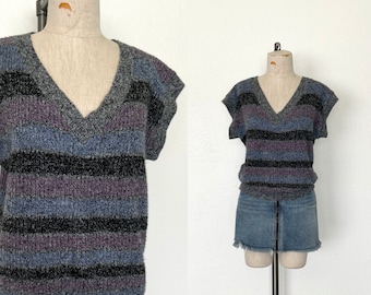 80’s Striped Sweater Vest Vintage 1980’s Preppy Sleeveless Knit Top -