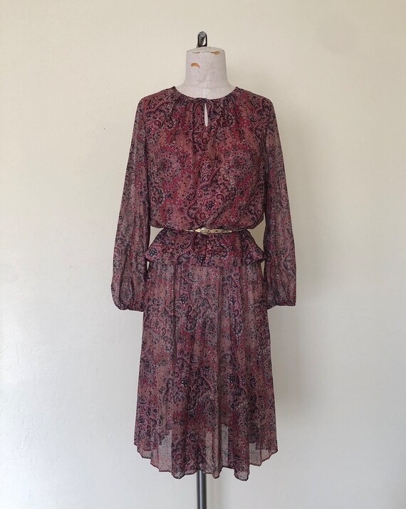 Vintage 1970's dress rust BROWN PAISLEY print sem… - image 2