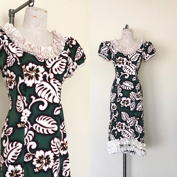 Vintage Hawaiian Dress 80's Dark Green Hibiscus P… - image 1