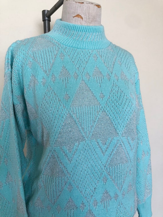 80's Geometric Sweater Vintage Turquoise & Metall… - image 7