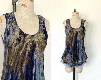 90’s Hippie Boho Tie Dyed Tank Top Vintage Beachwear Flowy Embroidered Sleeveless Festival Top - S/M