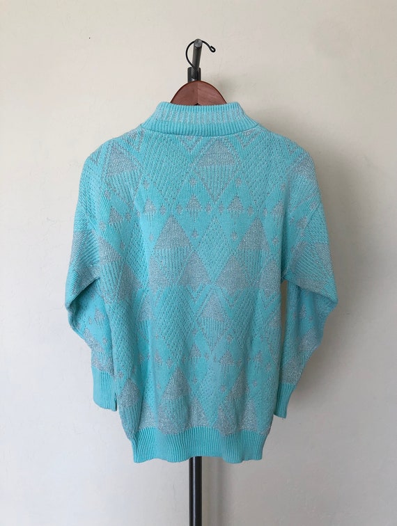 80's Geometric Sweater Vintage Turquoise & Metall… - image 10