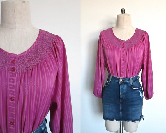 Vintage 1980's blouse PURPLE STRIPED smocked neck