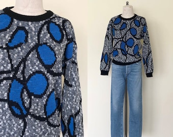 80er Abstrakt Pullover Vintage Schwarz & Blau Meliert Rundhals Pullover Strick - M