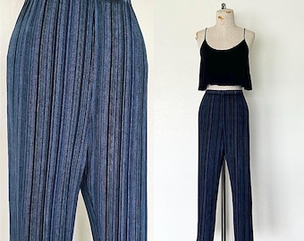 90’s Slinky Striped Pants Vintage Blue Slinky High Waisted Straight Leg Palazzo Style Elastic Waist Pant - L