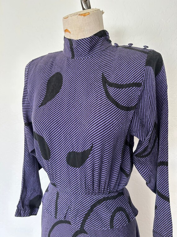 Vintage 1980's silk dress PURPLE PEPLUM striped h… - image 5