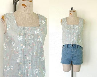 Canotta senza maniche in cotone floreale grigio anni '90, scollo quadrato con bottoni sul davanti, vintage Land's End - M
