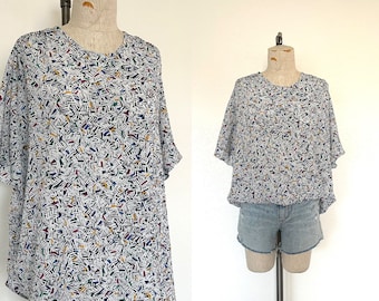 Blusa con estampado abstracto de los 90, vintage, de manga corta y seda, talla grande, de los años 90 (talla L/XL)